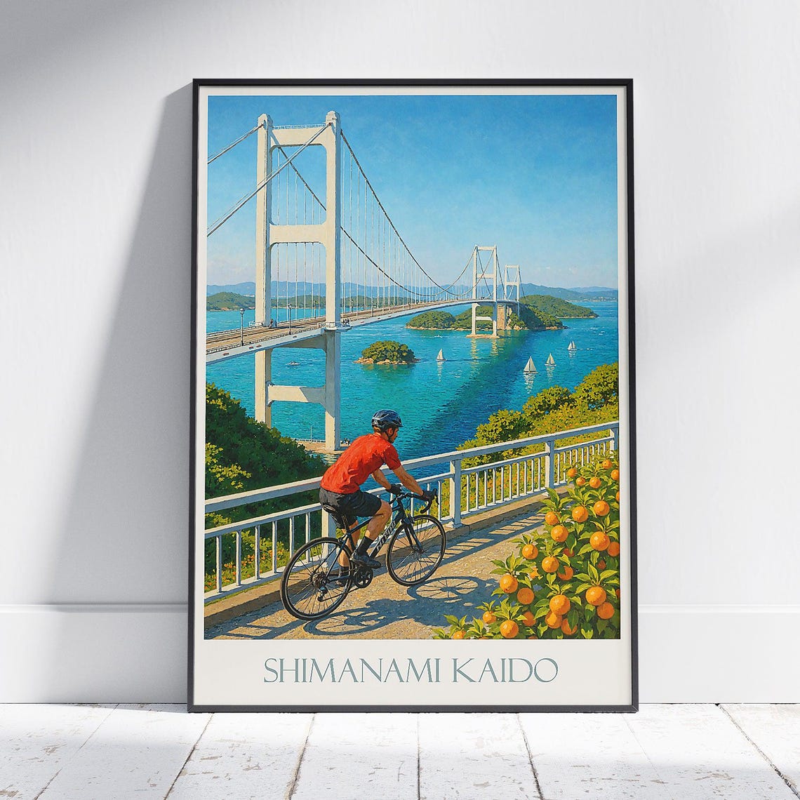 Shimanami Kaido Travel Poster Japan Cycling Print Seto Inland Sea Bridge Art Japanese Island Landscape Vintage Style Wall Decor