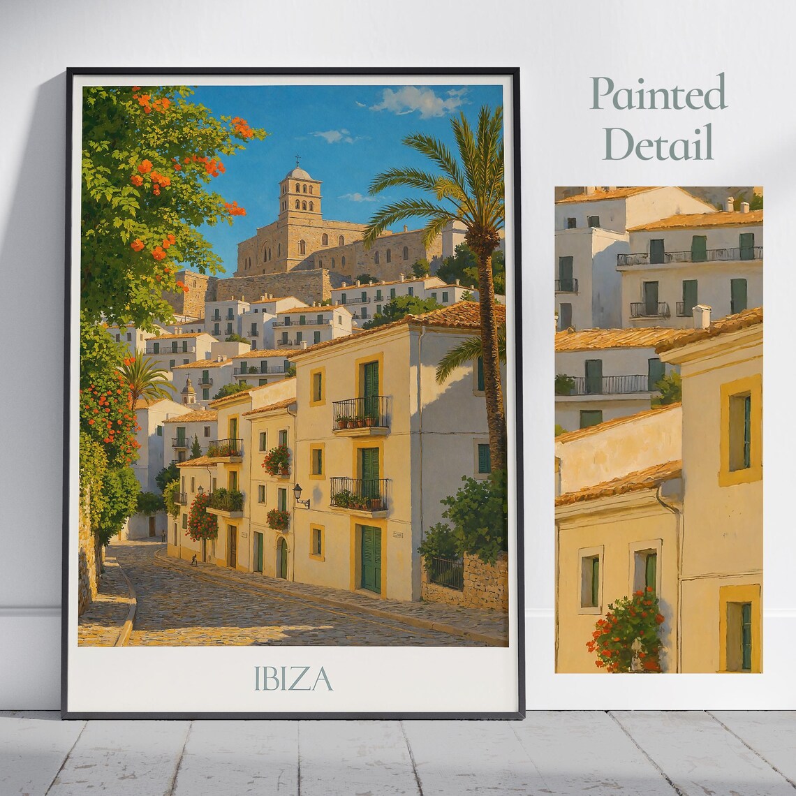 Ibiza Old Town Whitewashed Houses Hilltop Church Seaside Travel Poster