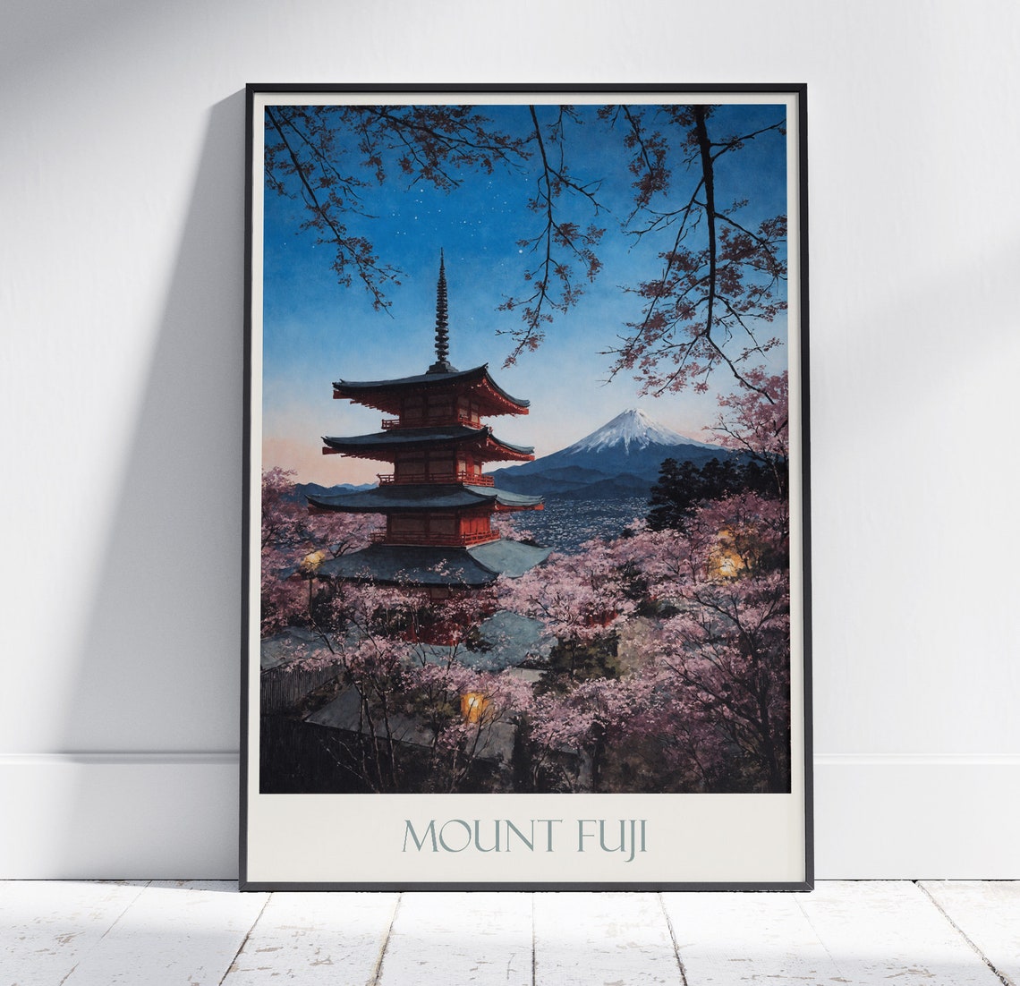 Mount Fuji Japan Pagoda Cherry Blossoms Twilight Travel Poster
