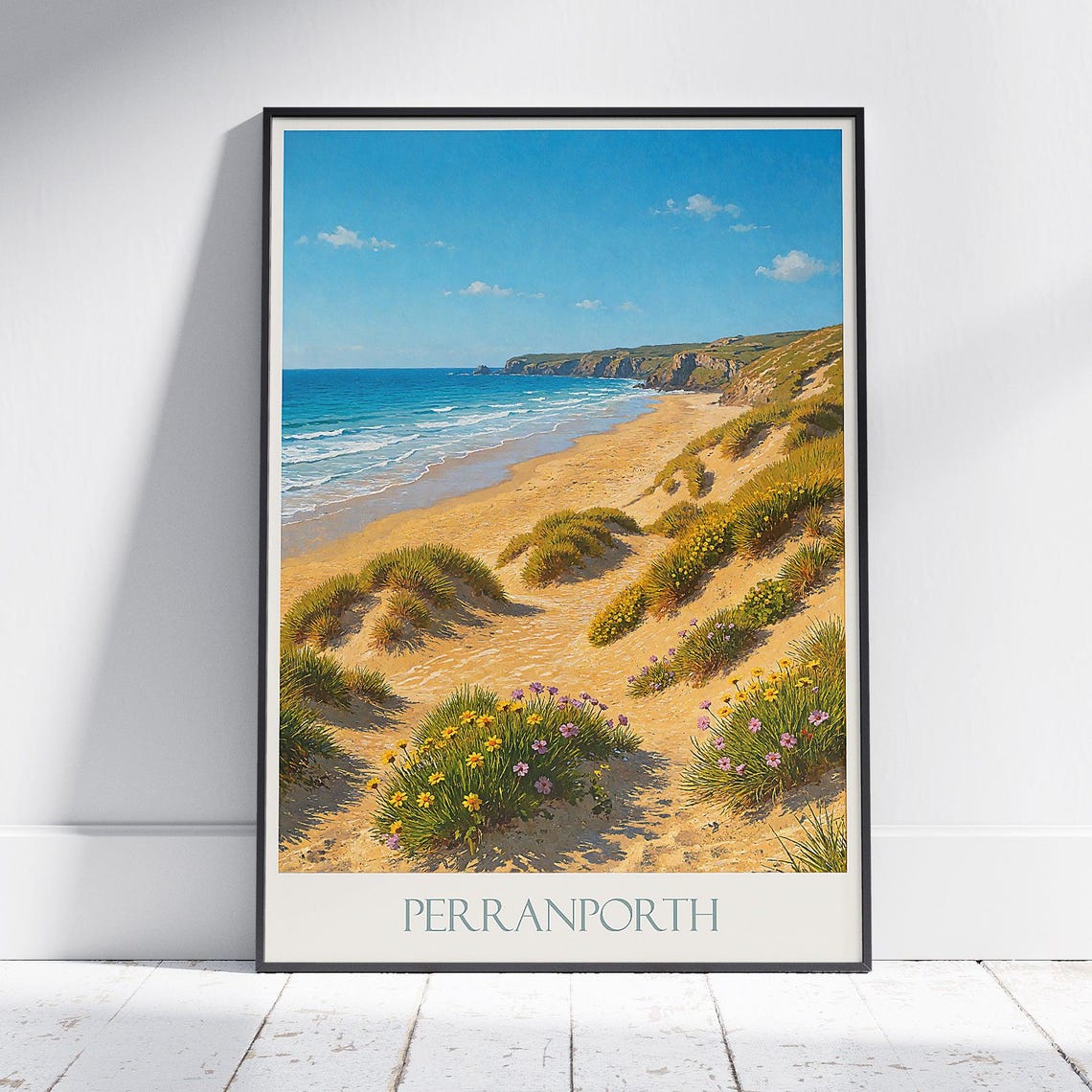 Perranporth Cornwall Sandy Beach Dunes And Wildflowers Poster