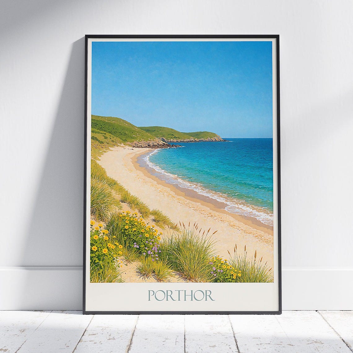 Porthor Sandy Beach with Turquoise Waves Wales Coastal Travel Poster