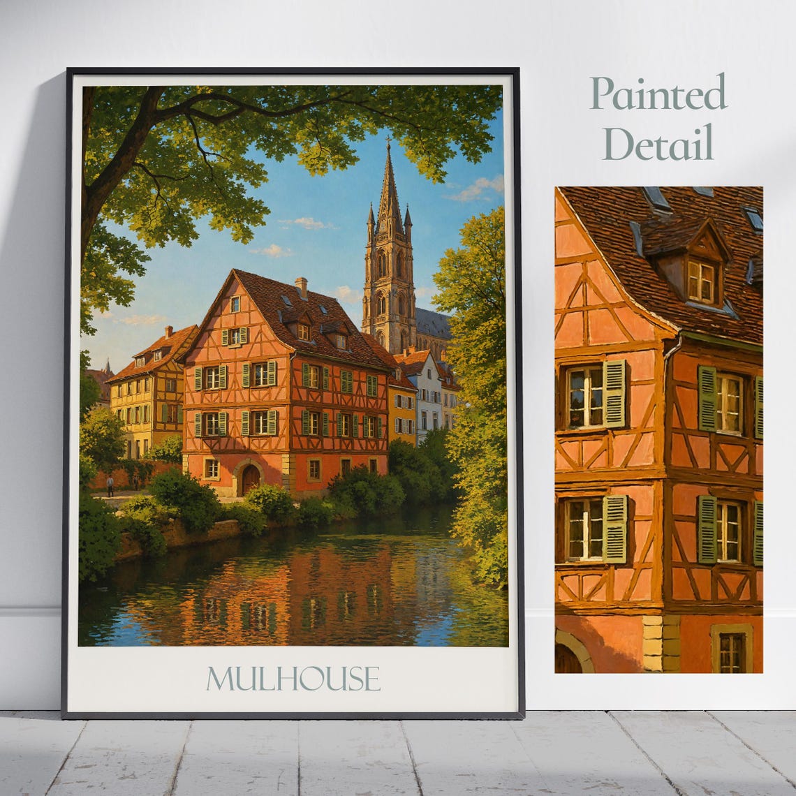 Mulhouse France Half Timbered Houses Canal Reflection Travel Poster