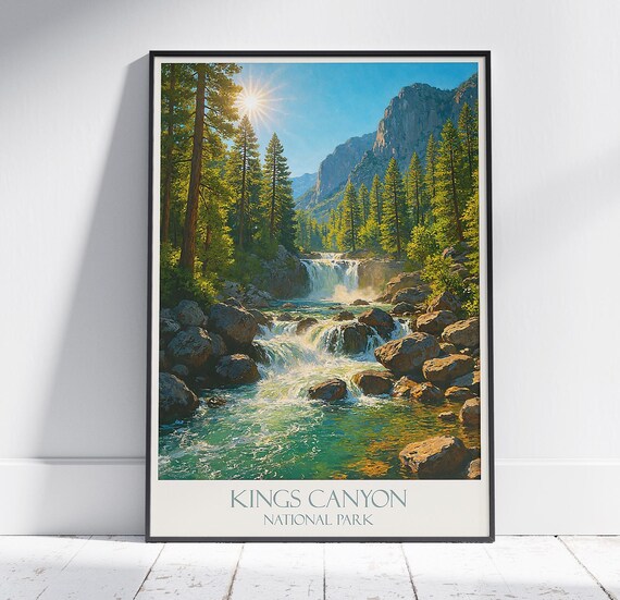 Kings Canyon National Park Waterfall Pines Painted Vintage Travel Poster