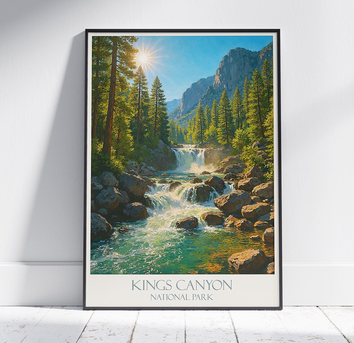 Kings Canyon National Park Waterfall Pines Painted Vintage Travel Poster