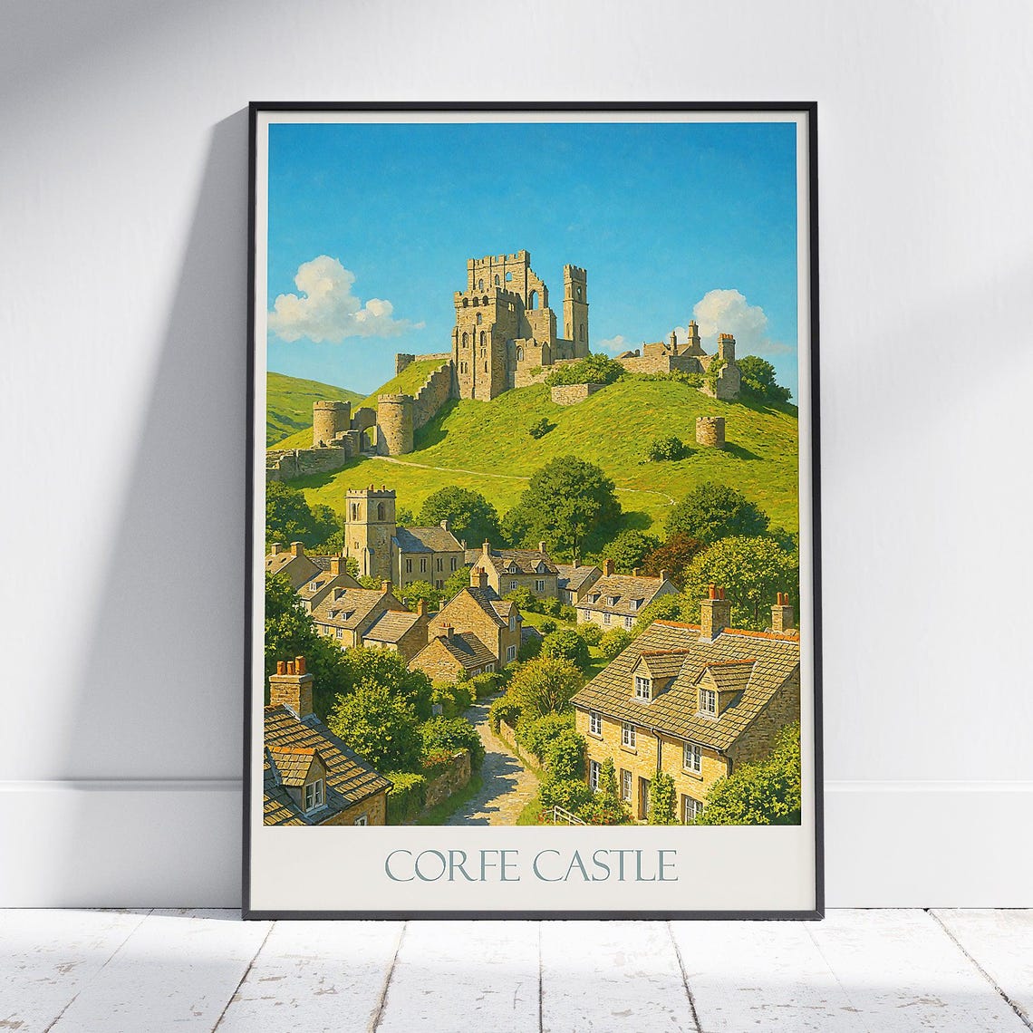 Corfe Castle Dorset England Ruins Village Painted Travel Poster