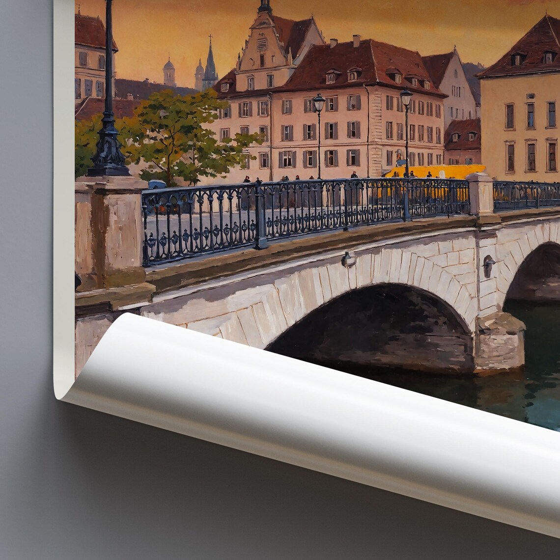 Zurich Switzerland Old Town Bridge Sunset Painted Travel Poster - Image 3