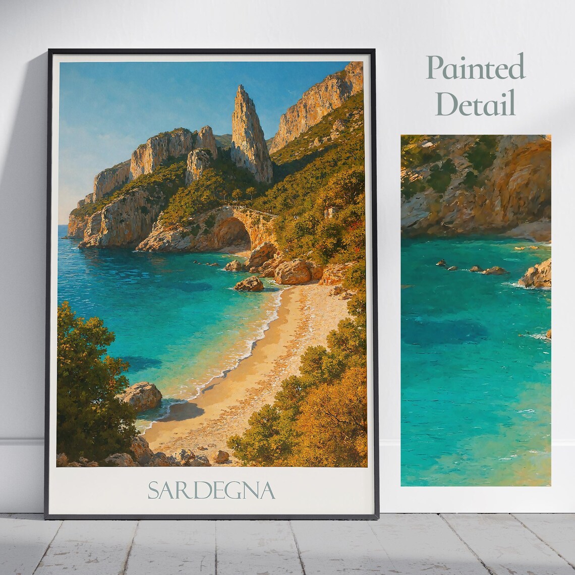 Sardegna Italy Turquoise Bay Beach Rocky Cliffs Seaside Travel Poster