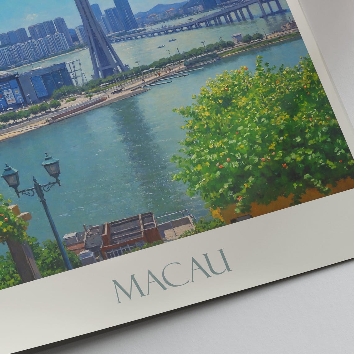 Macau China Tower Skyline Harbor Bridge Daytime Painted Poster - Image 2