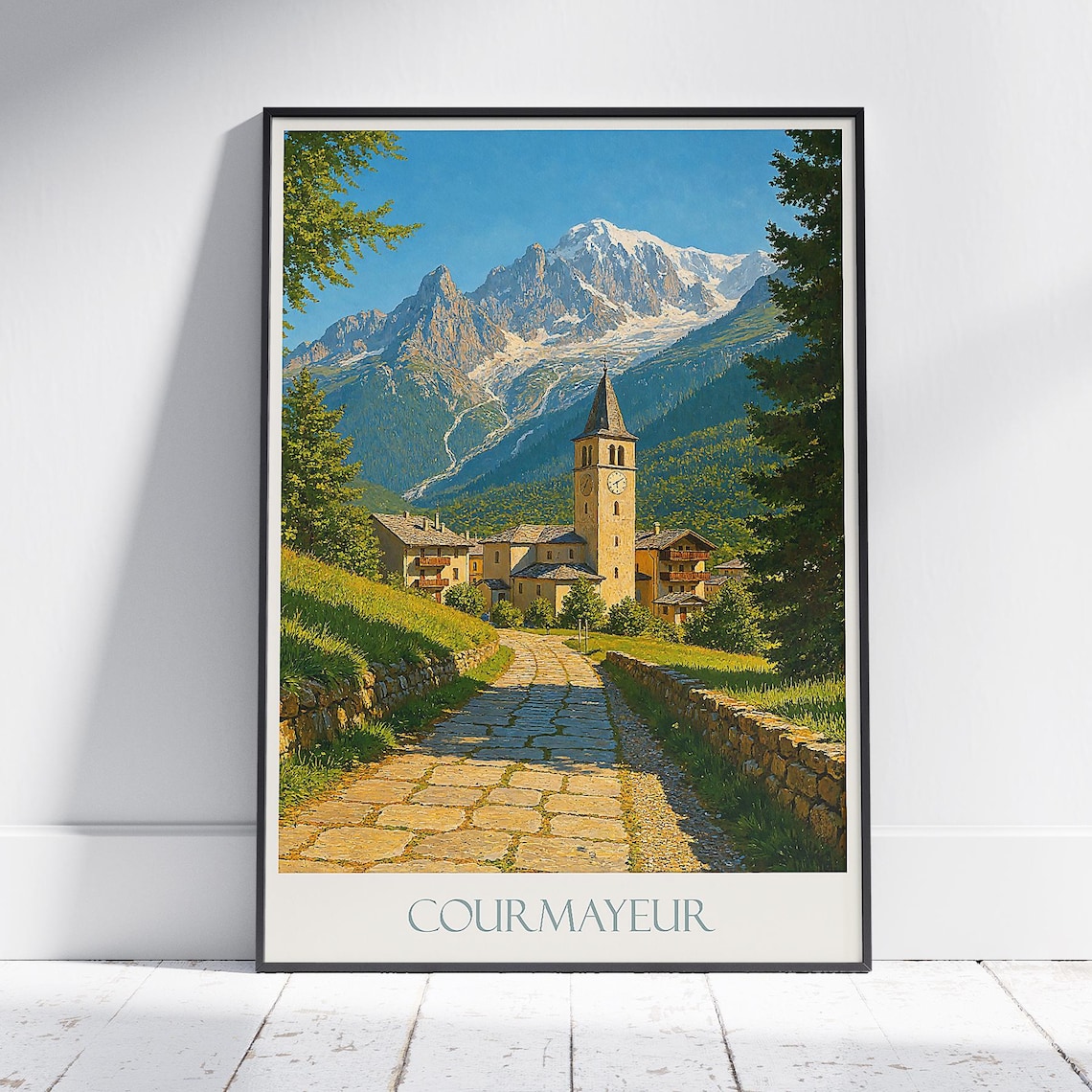Courmayeur Italy Alpine Church Mont Blanc Painted Travel Poster
