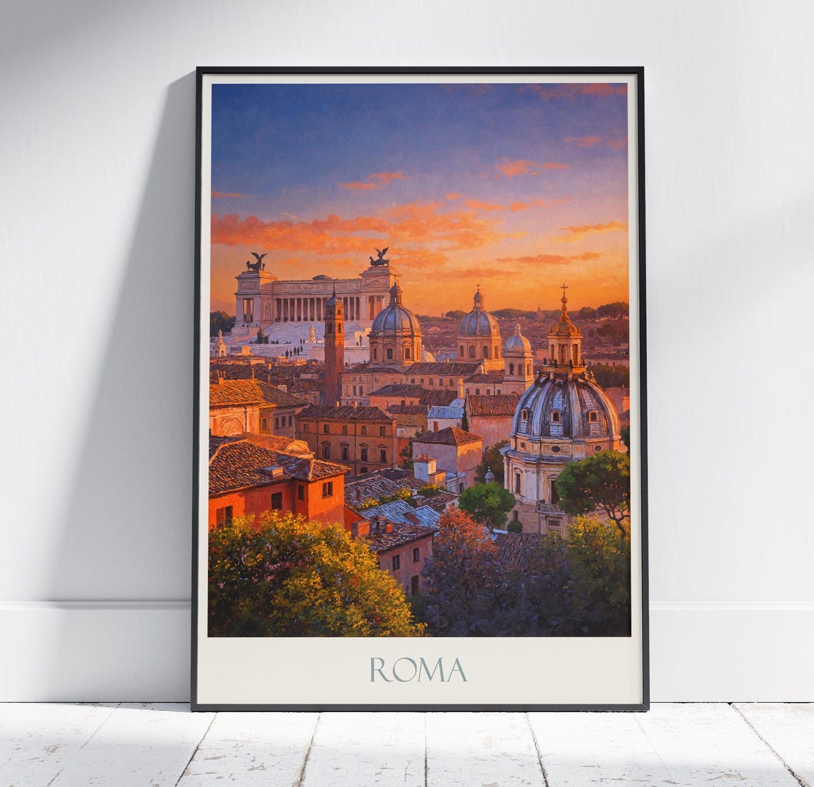 Roma Italy Sunset Rooftops Domes Vintage Roman Travel Poster Art