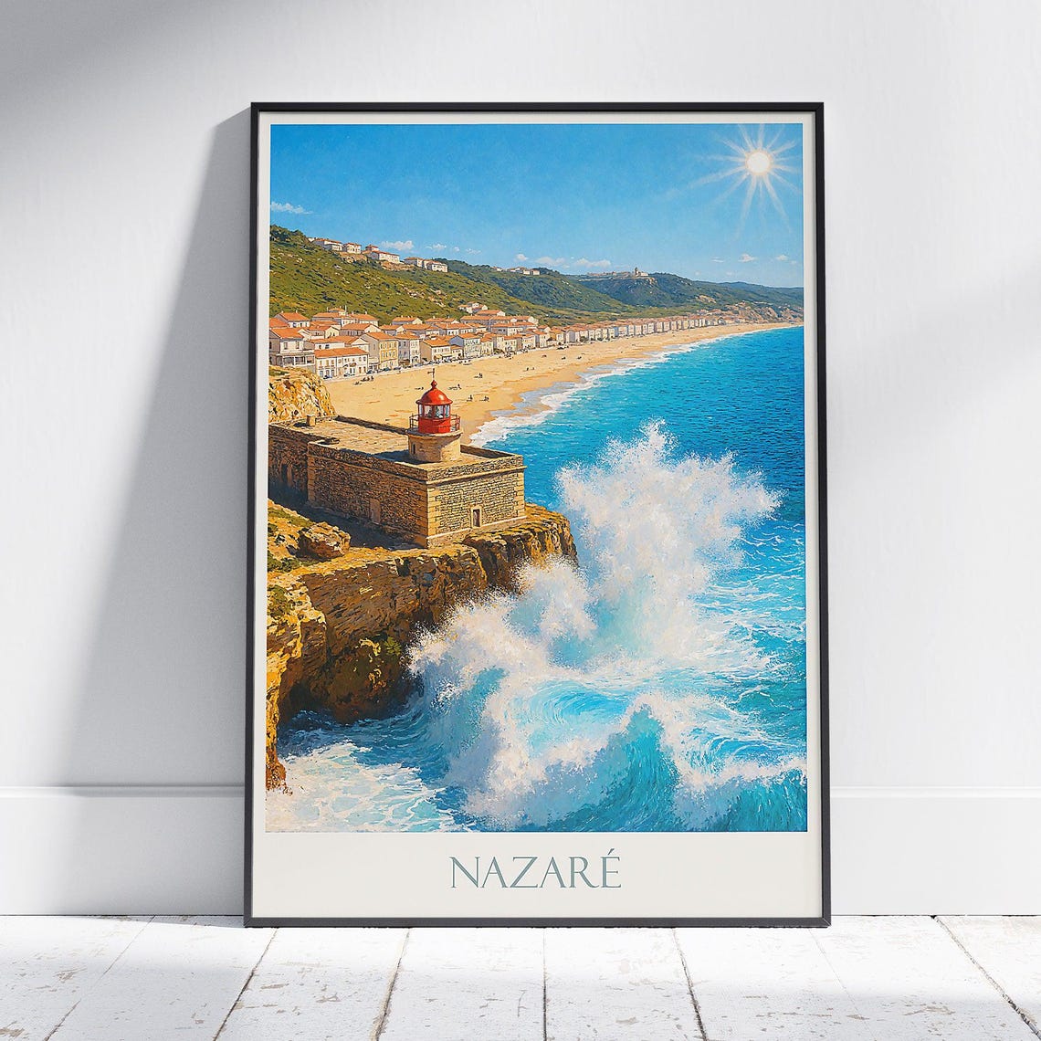 Nazare Lighthouse Cliff Sunny Waves Beach Vintage Travel Poster