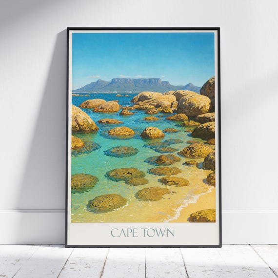 Cape Town Travel Poster Table Mountain Boulders Beach Art Print South Africa Wall Decor