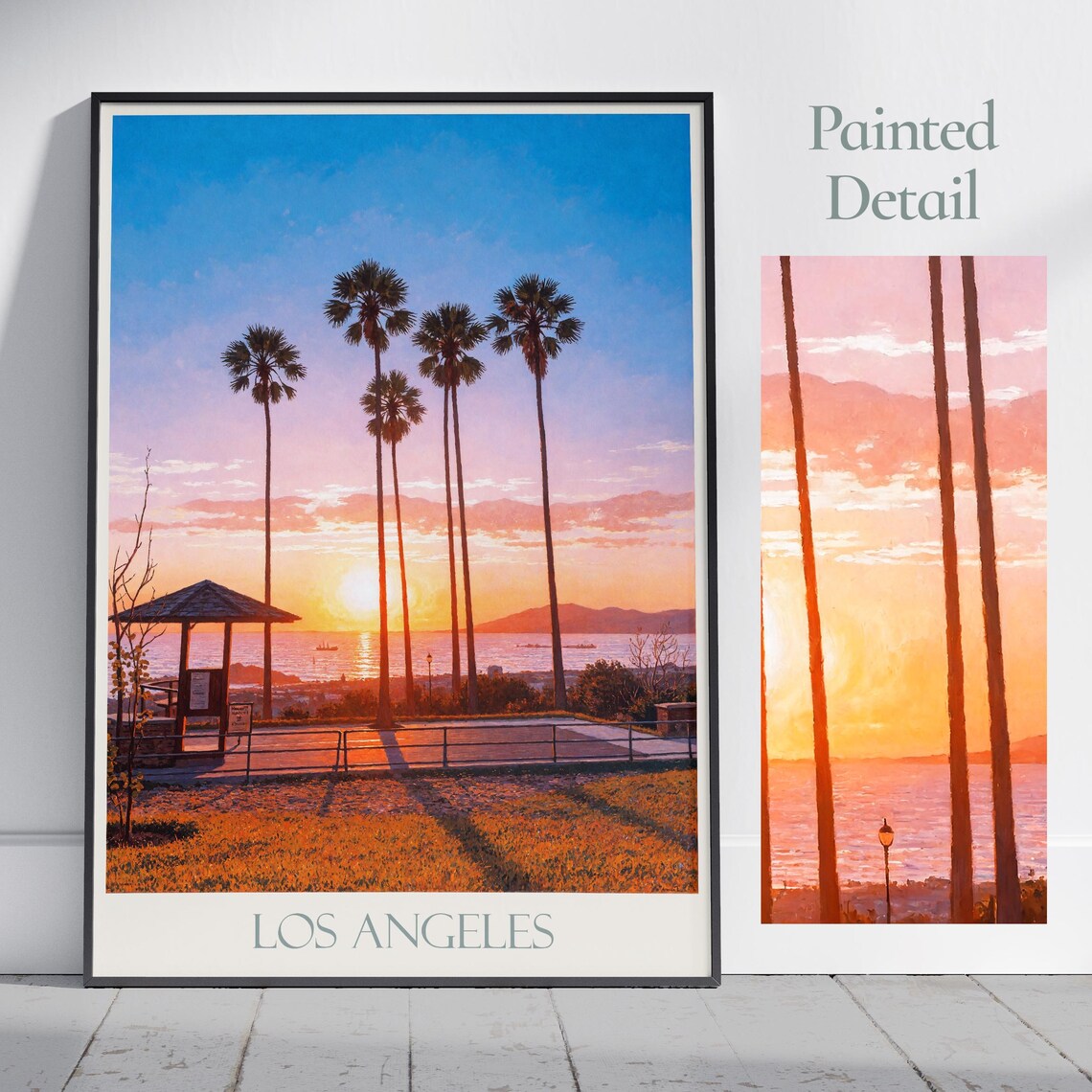 Los Angeles Palm Trees Ocean Sunset Golden Hour Painted Travel Poster