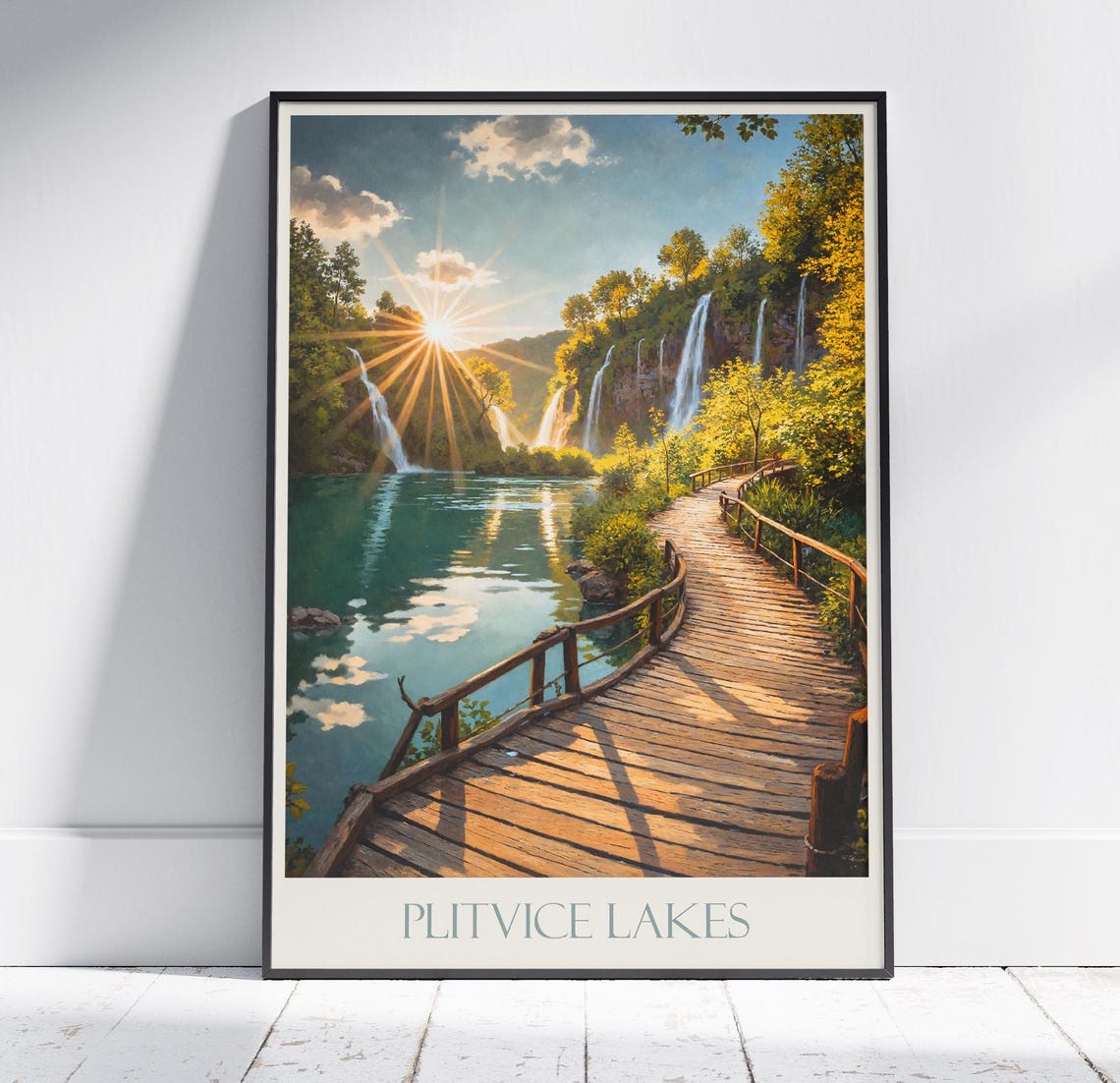 Plitvice Lakes Waterfalls Boardwalk Sunset Painted Croatia Poster