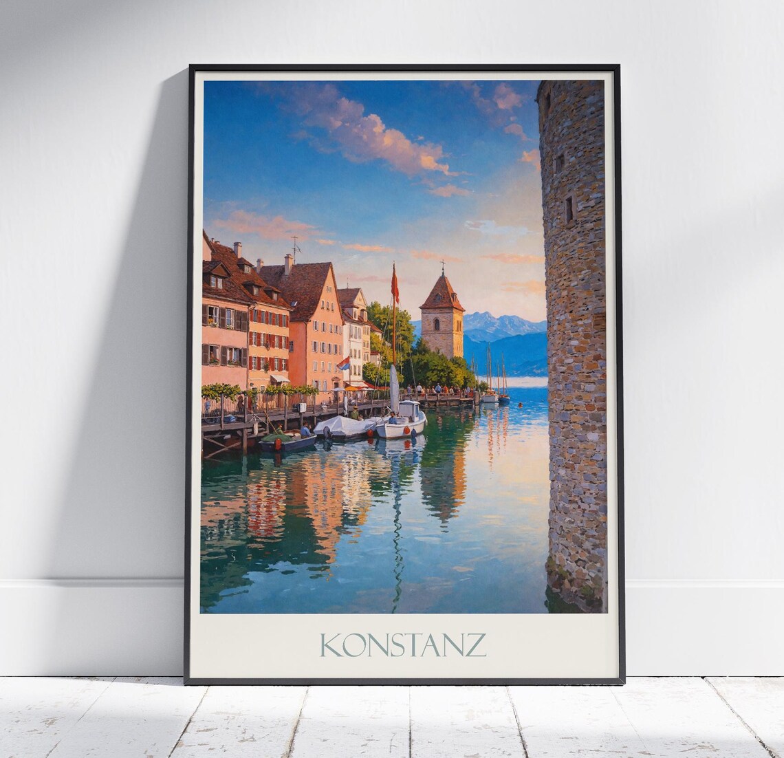 Konstanz Lake Harbor Sailboats Sunset Painted Art Travel Poster