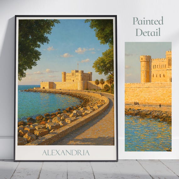 Alexandria Travel Poster Citadel Of Qaitbay Egypt Painted Wall Art Print Coastal Home Decor Framed Vacation Gift