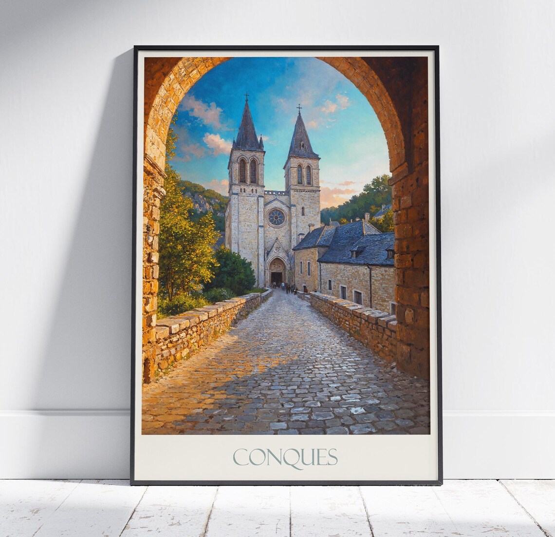 Conques France Medieval Abbey Church Cobblestone Travel Poster