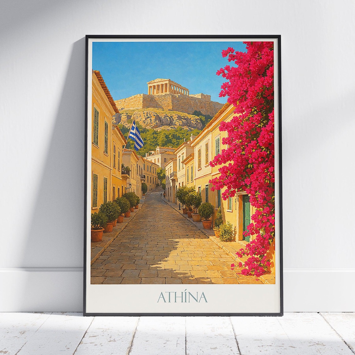 Athens Plaka Street with Acropolis and Bougainvillea Travel Poster