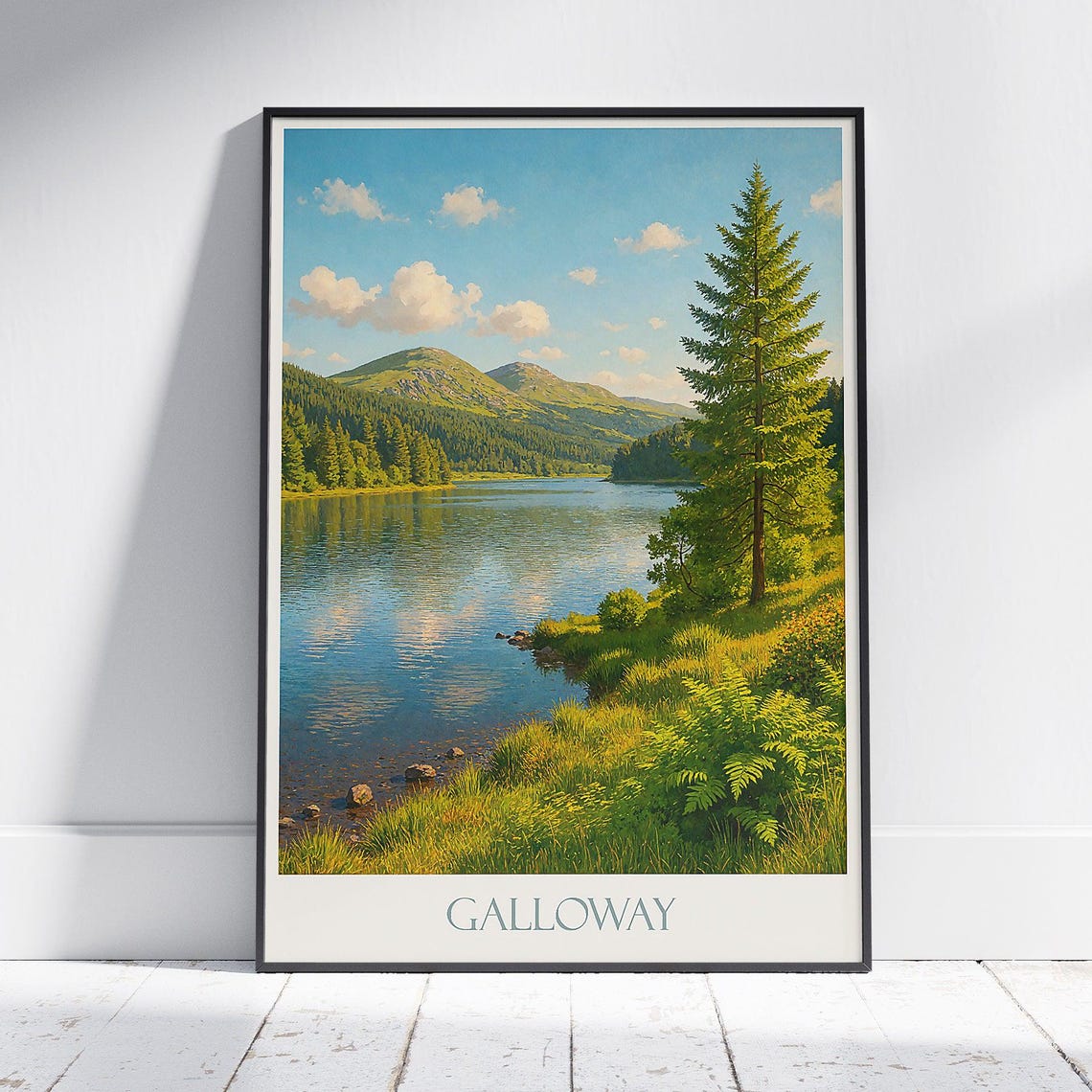 Galloway Forest Park Lake with Pine Trees Scotland Travel Poster