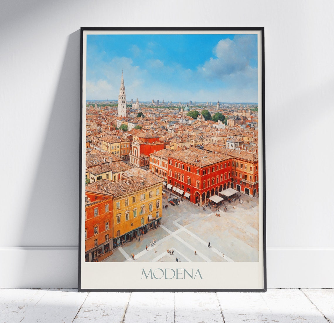 Modena Italy Piazza Grande Old Town Rooftops Painted Travel Poster