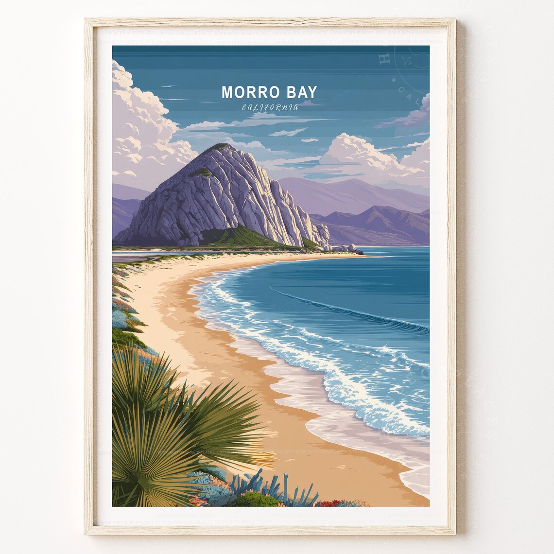 Morro Bay California Morro Rock Waves Palm Coast Travel Poster