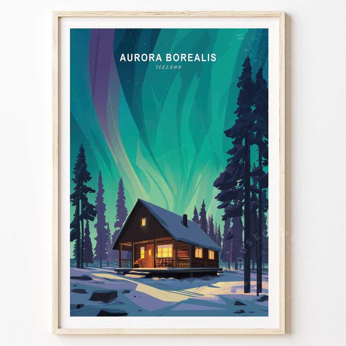 Aurora Borealis Iceland Northern Lights Snowy Cabin Scene Poster