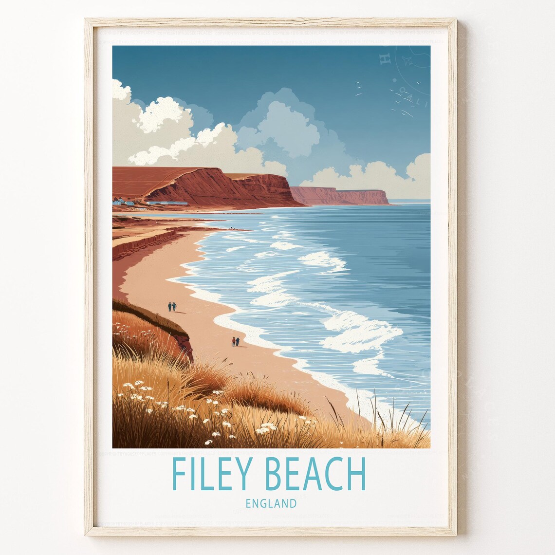 Filey Beach England Bay Headland Shoreline Waves Travel Poster