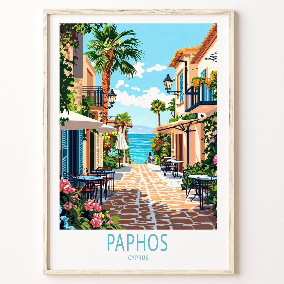 Paphos Cyprus Cobbled Cafe Lane Bright Flowers Sea View Poster