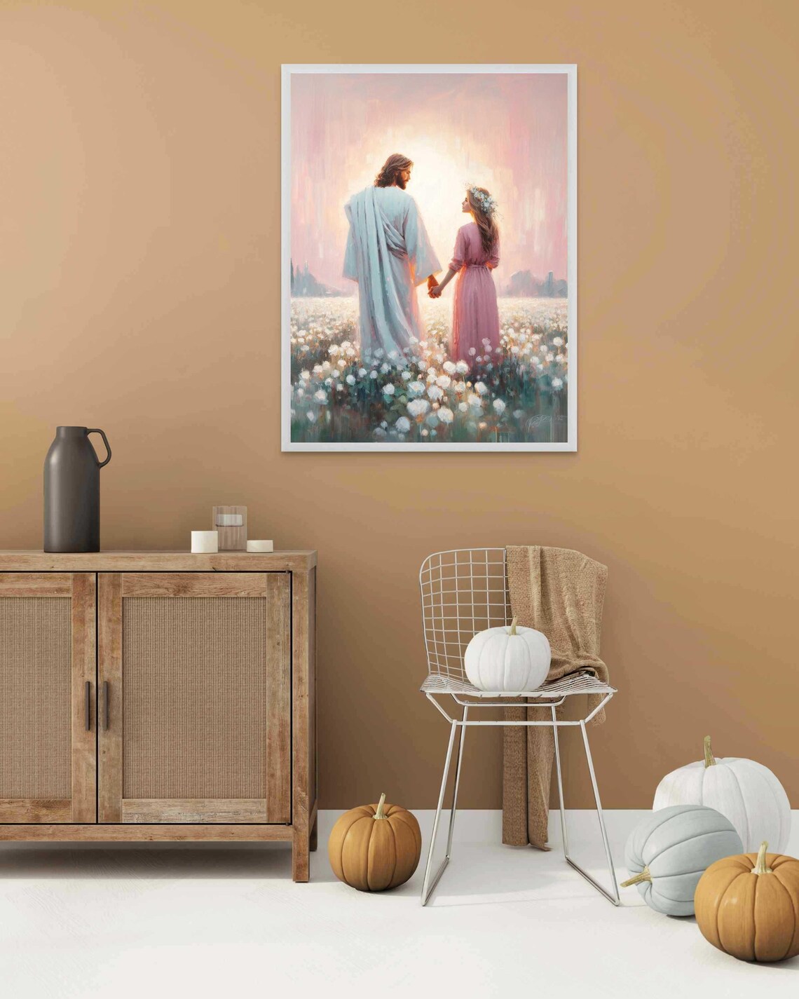 Jesus Holding Hands Woman White Flower Field Sunrise Moment Christian Poster