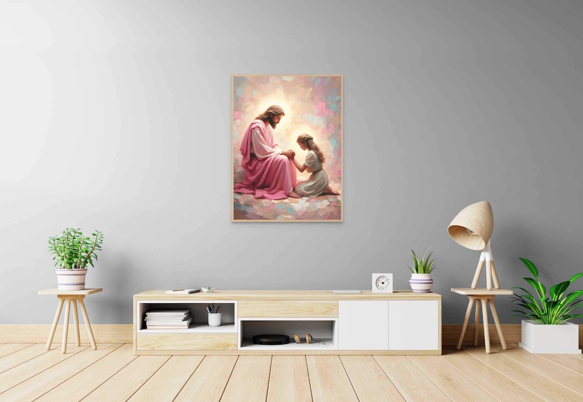 Jesus Holding Praying Girls Hands Kneeling Pastel Glow Christian Poster - Image 5