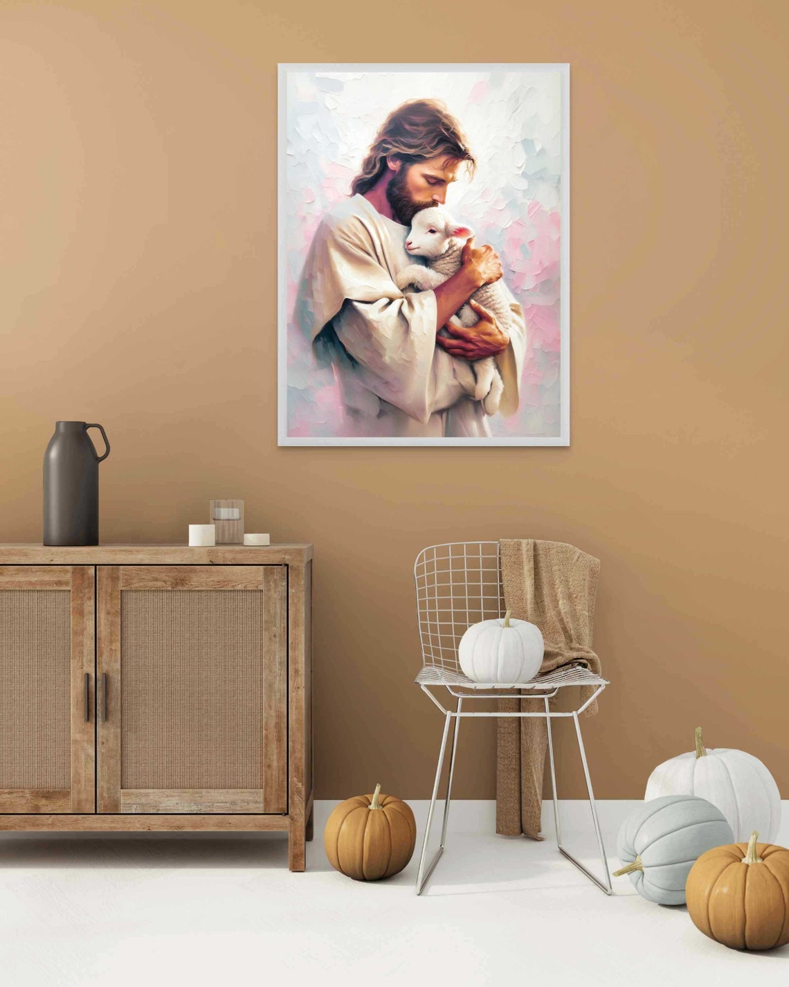 Jesus Cradling White Lamb in Cream and Pink Impasto Art Poster - Image 2