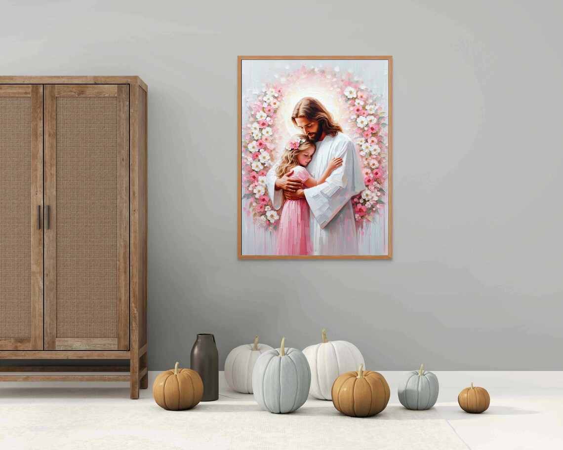 Jesus Hugging Girl Floral Heart Arch Pink White Flowers Christian Poster - Image 3