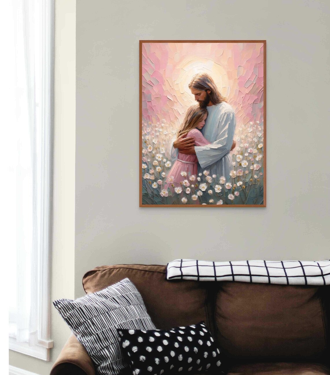 Jesus Christ Hugging Girl Among Daisies in Heavenly Glow Poster - Image 3