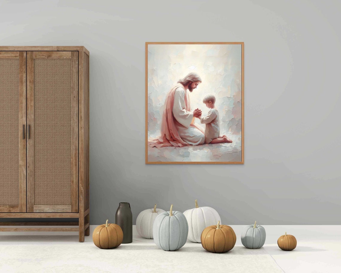 Jesus Praying With Little Boy Soft Pastel Impasto Art Poster - Image 2