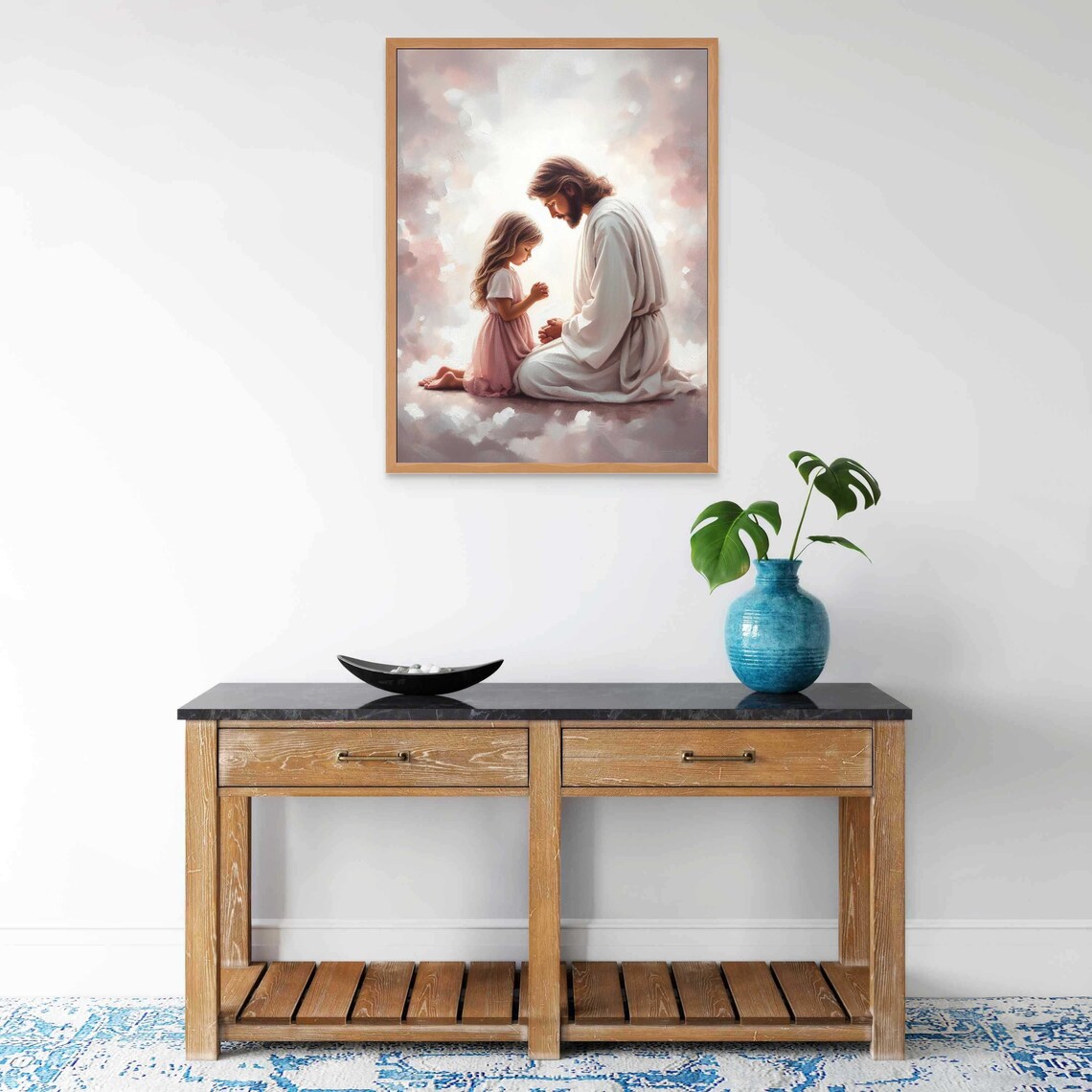 Jesus Praying With Little Girl Heavenly Clouds Christian Wall Art - Image 5