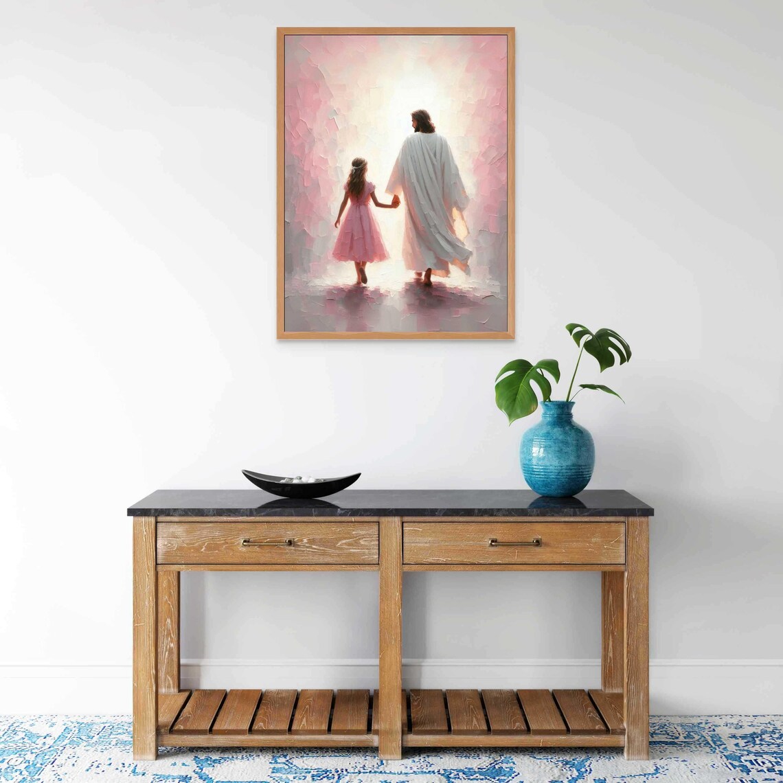 Jesus Walking Away With Girl Hand In Hand Pink Mist Light Christian Poster - Image 4