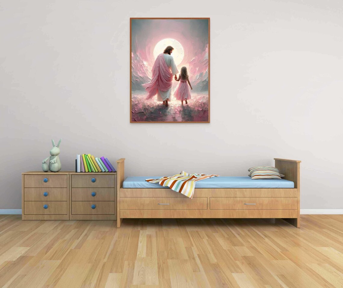 Jesus Walking With Girl Toward Glowing Moon Impasto Art Poster - Image 7