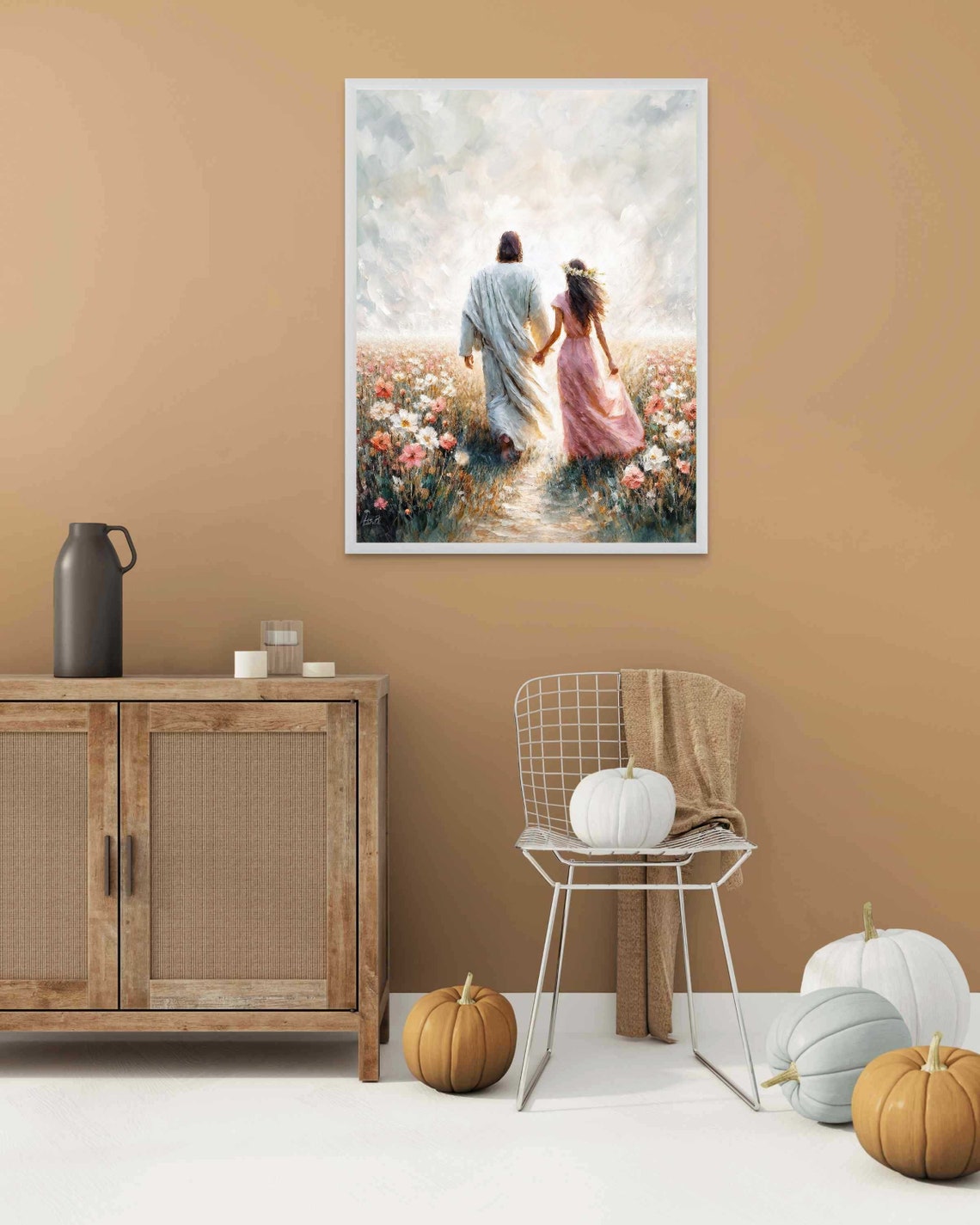 Jesus and Woman Walking Through Flower Field Hand in Hand Poster - Image 4