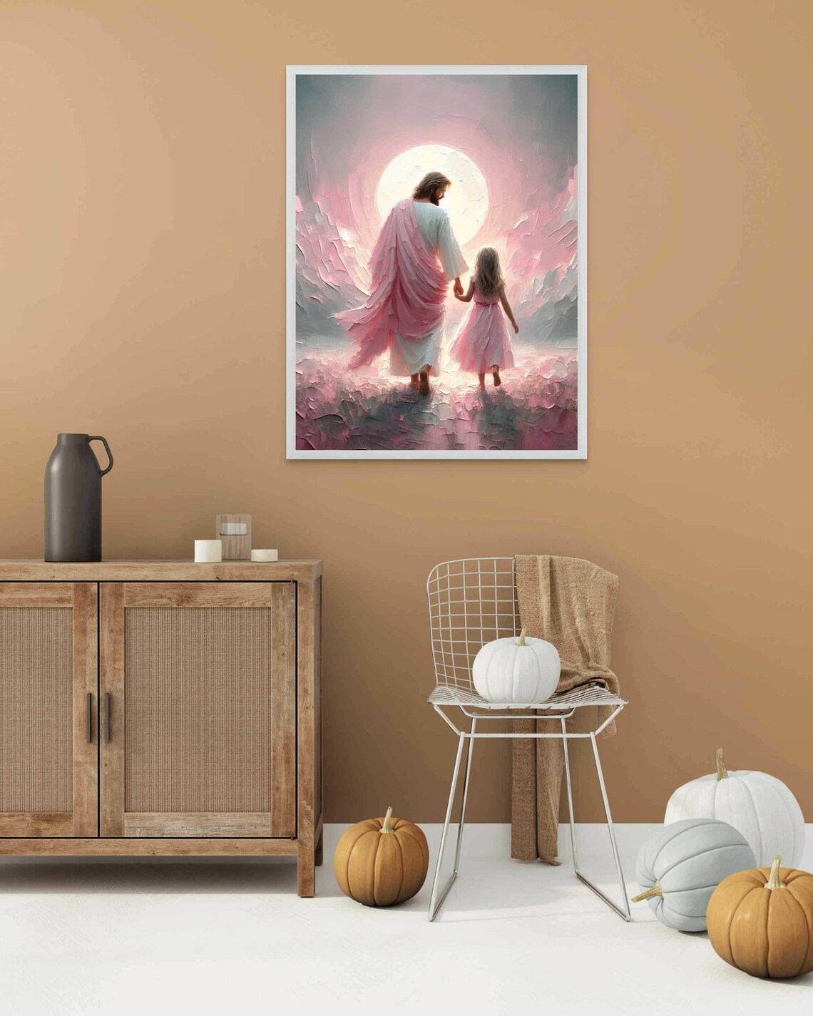 Jesus Walking With Girl Toward Glowing Moon Impasto Art Poster - Image 3