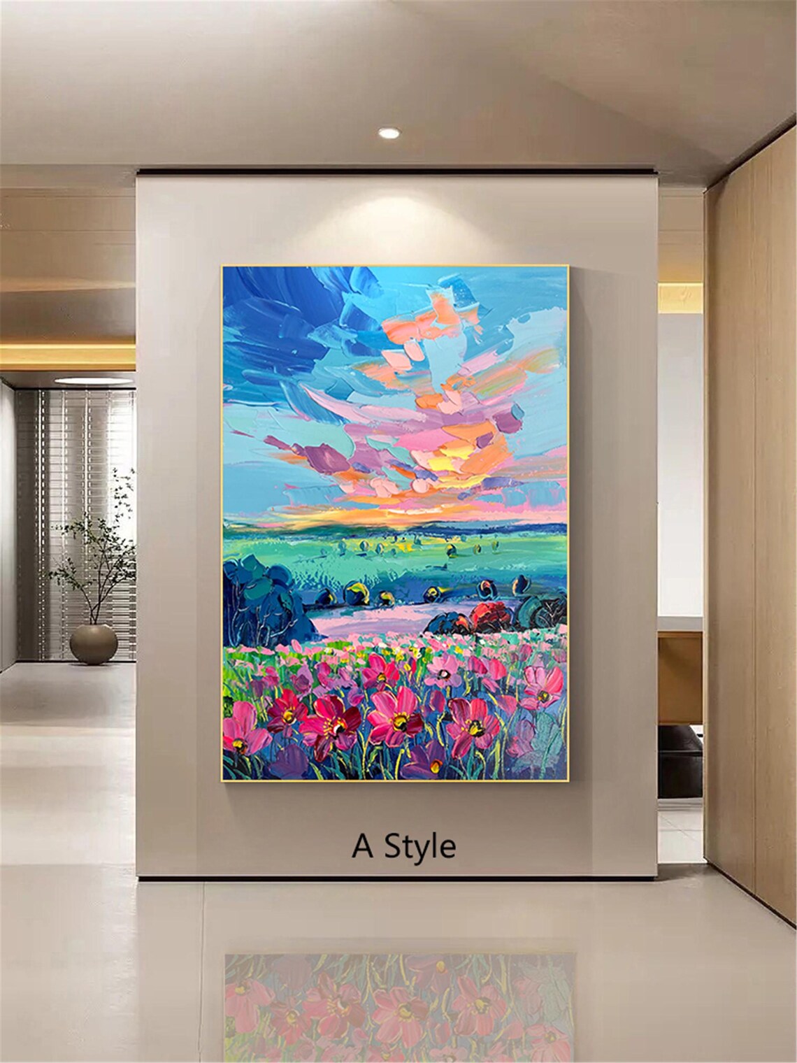 Pink Cosmos Meadow Vibrant Sunset Sky Impressionist Floral Art Poster