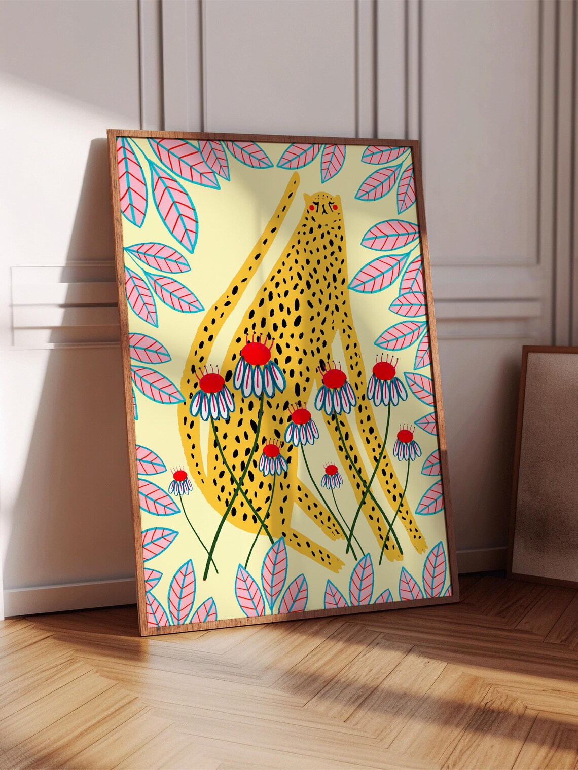 Cheetah Meditation Art Print, Floral Illustration