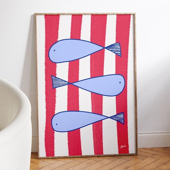 Fish Poster Coastal Decor Red Blue And White Wall Art Beach Shells Hand Drawn Ocean Prints West Coast East Old Money