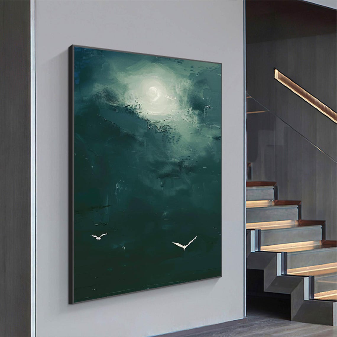 Serene Dark Green Moonlit Sky With White Birds Oil Painting Poster - Image 2