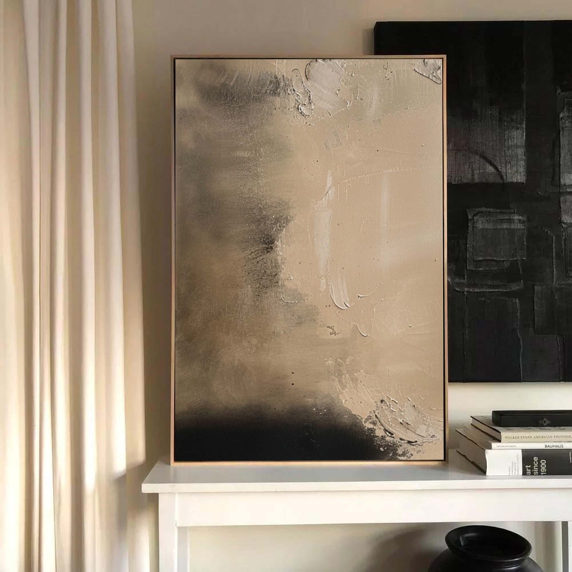 Beige Black Ink Wash Wabi Sabi Abstract Textured Neutral Art Poster - Image 2