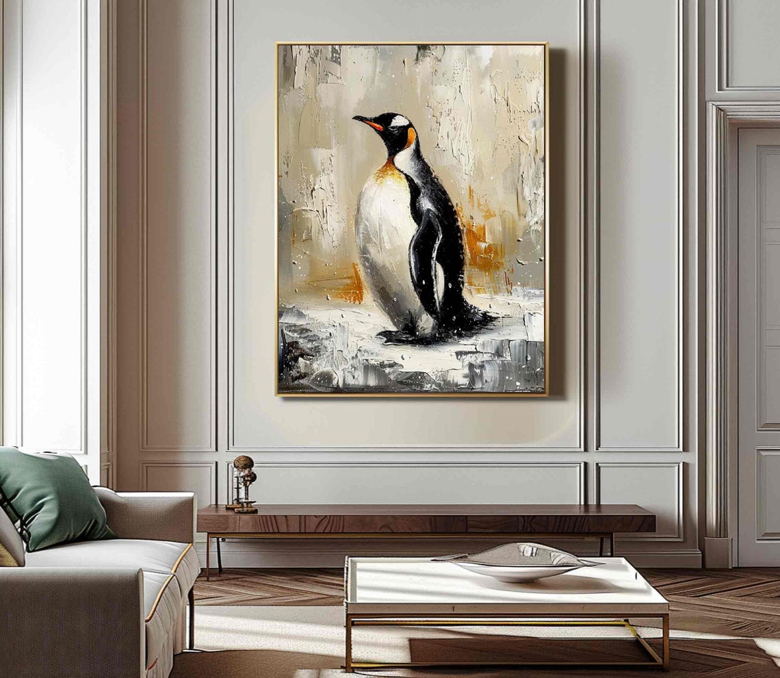 Regal King Penguin Portrait in Warm Beige Tones Oil Art Poster - Image 2