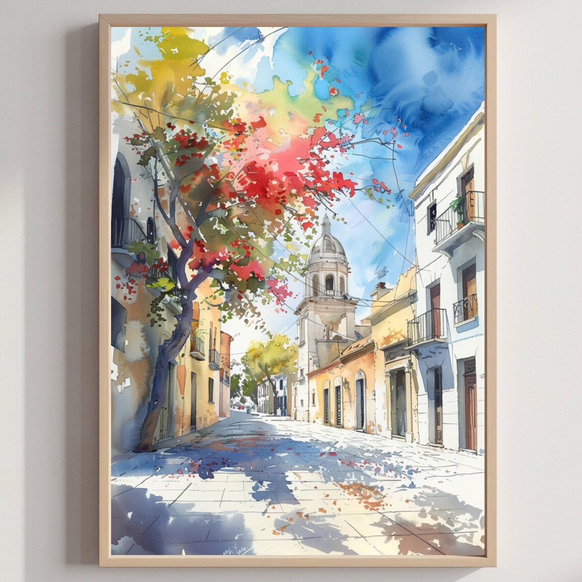 Sunny Vibrant Colonial Street Church Tower Watercolor Art Poster