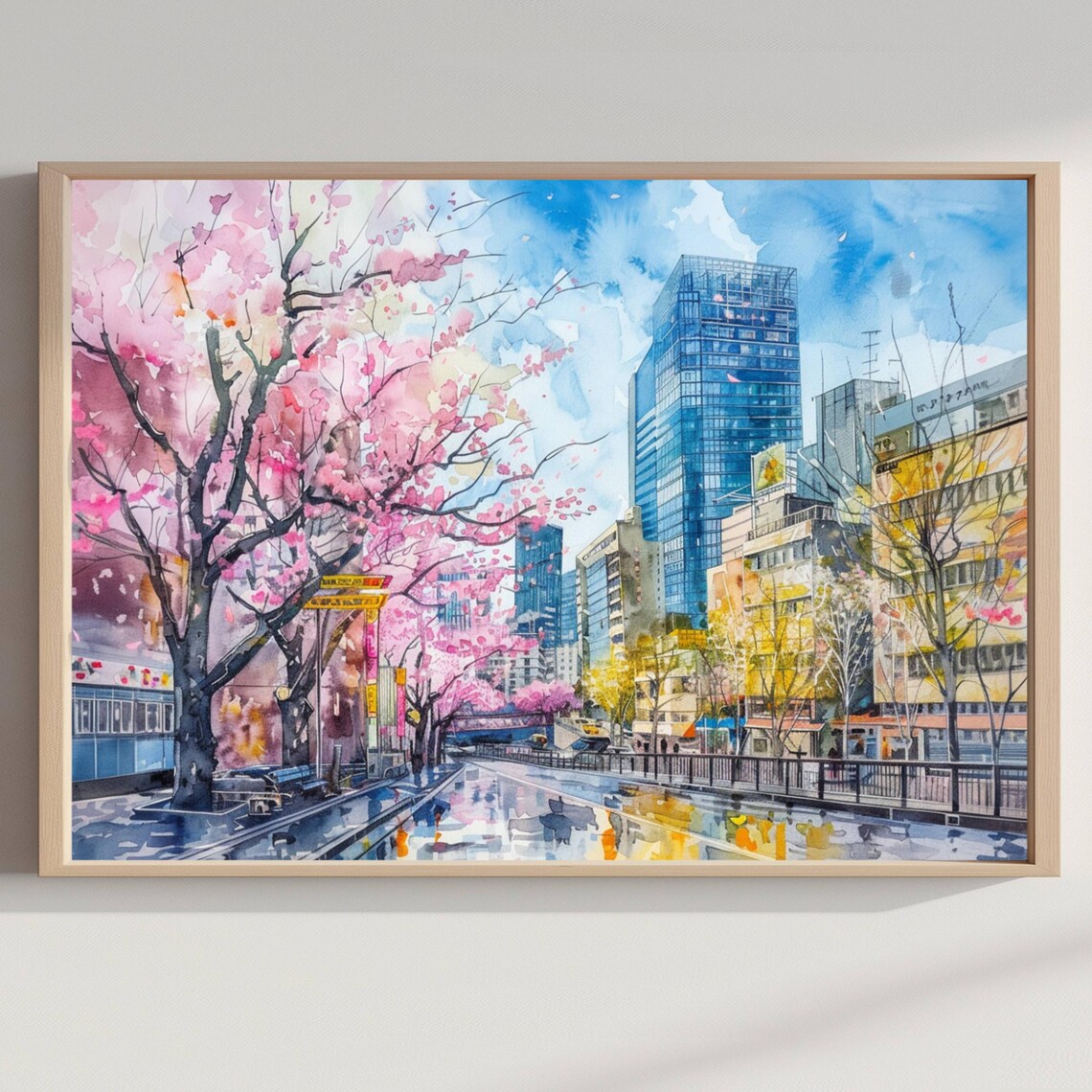 Cherry Blossom Japanese City Street Spring Skyscrapers Art Print