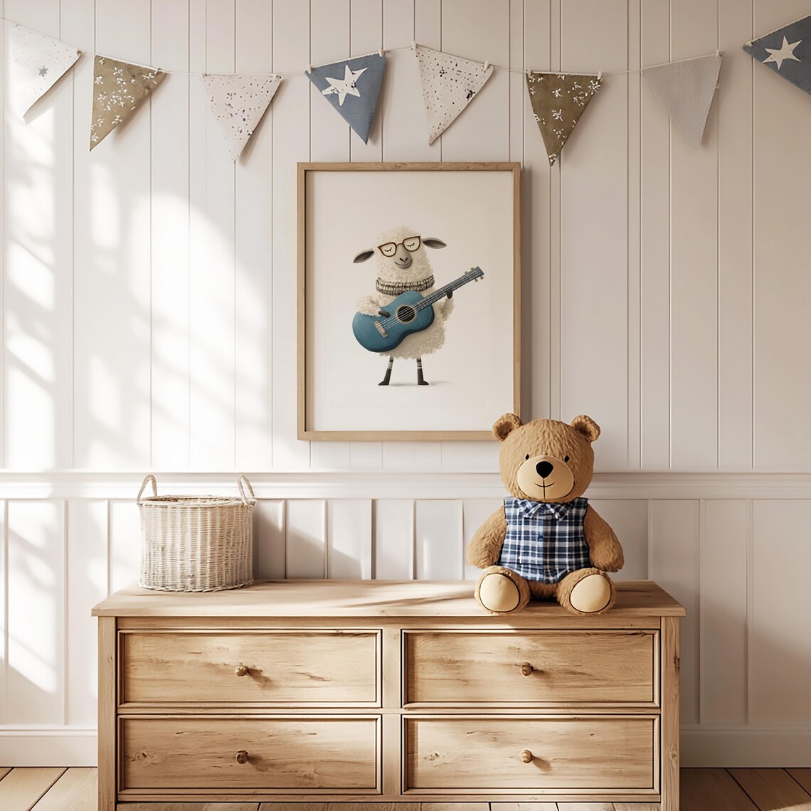 Hipster Sheep in Glasses and Scarf Playing Blue Guitar Nursery Poster - Image 2