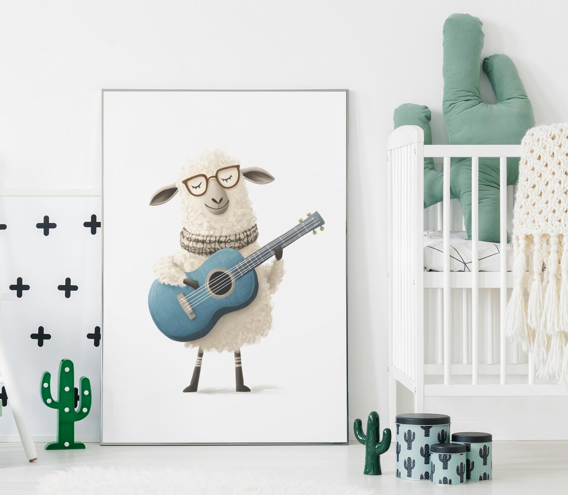 Hipster Sheep in Glasses and Scarf Playing Blue Guitar Nursery Poster - Image 4