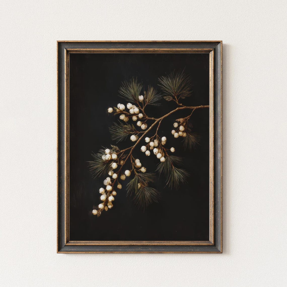 White Berry Pine Branch Black Moody Botanical Fine Art Poster